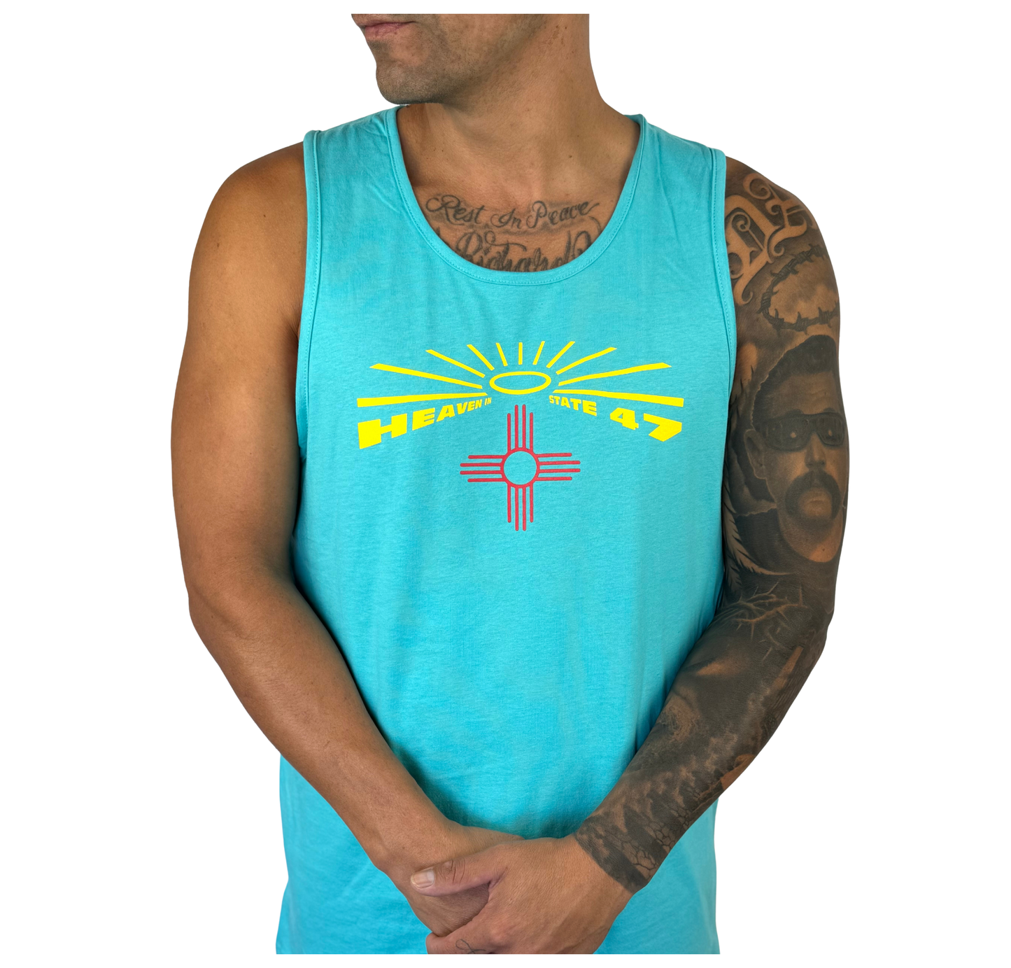 Men's Jersey Tank | Heaven in State 47 Logo | Heavy Metal, Midnight Navy, Tahiti Blue
