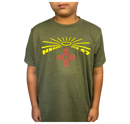 Kid's Crew | Heaven in State 47 Logo | Military Green & Tahiti Blue | Yellow & Red HS47